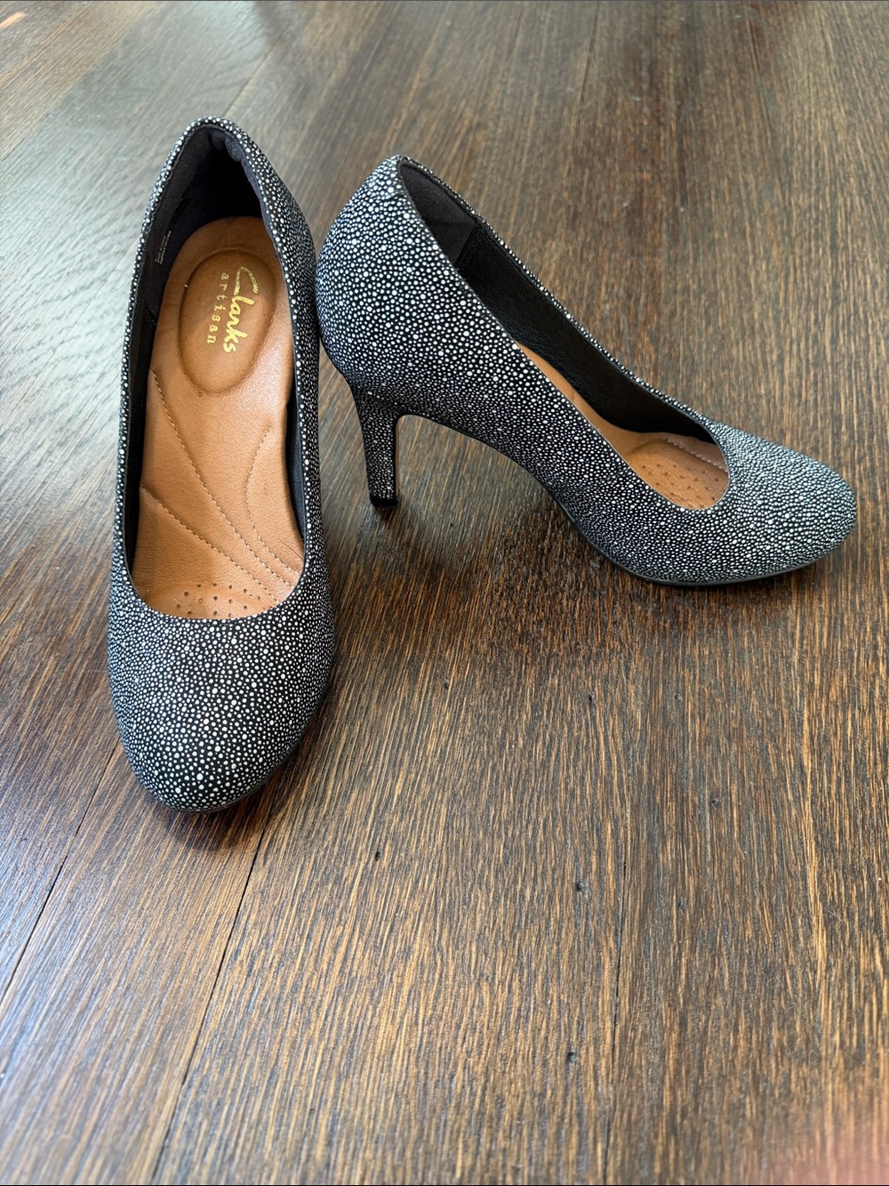 Clarks Black and White Speckled Mid Heel Pumps